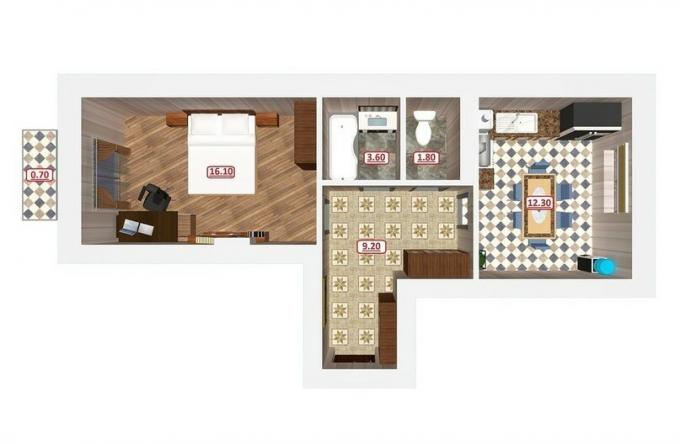 Studio lejlighed-Vest: Venstre soveværelse, til højre - køkkenet
