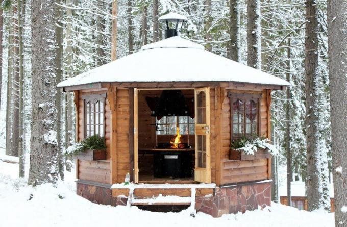 Vinter havepavillon med grill. Foto service med Yandex billeder.